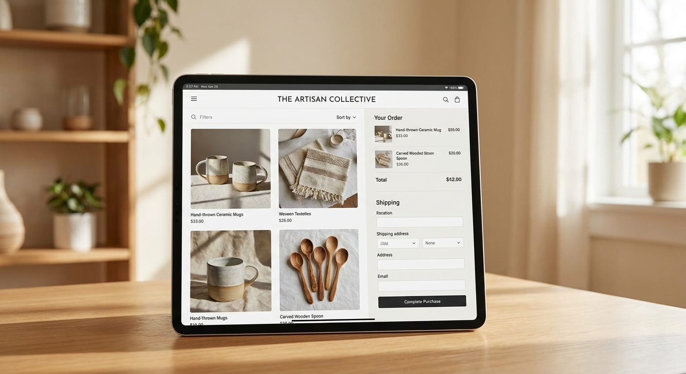 Online-Shop für einen kleinen Handwerksbetrieb — moderne Produktübersicht auf einem Tablet.